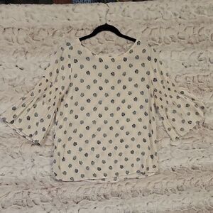 LOFT Boho Top Womens S Ivory and Green Palm Leaf Pattern Blouse, Summer